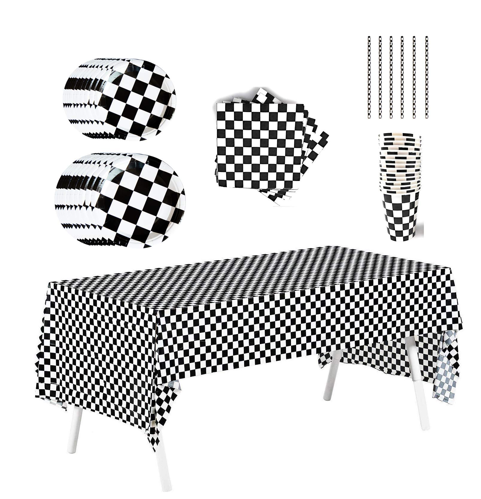 Serves 20 Guests, 101 Pack Race Car Checkered Party Supplies Decoration Kit, Black and White Checkered Party Favors Pack