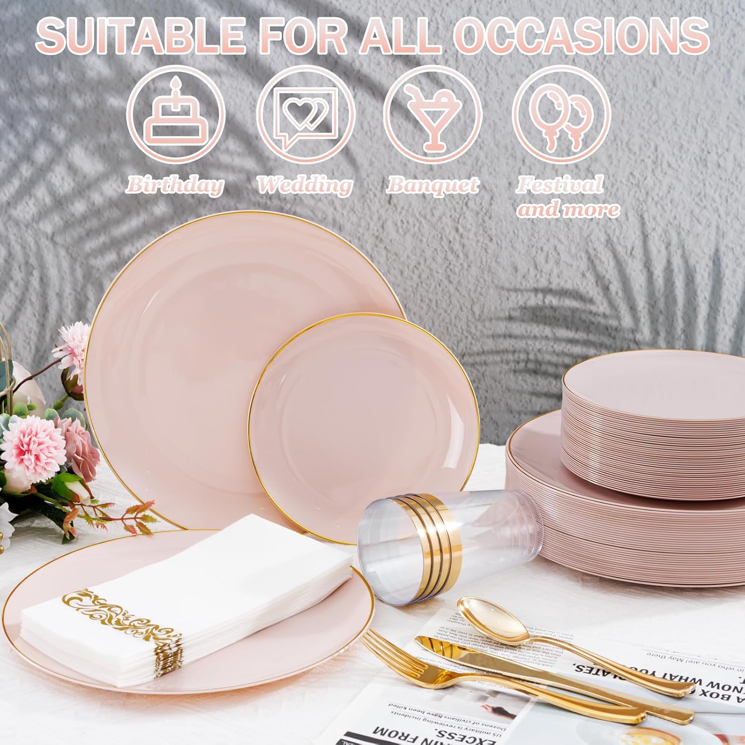 Supernal 350pcs Pink Plastic Plates,Plates Disposable