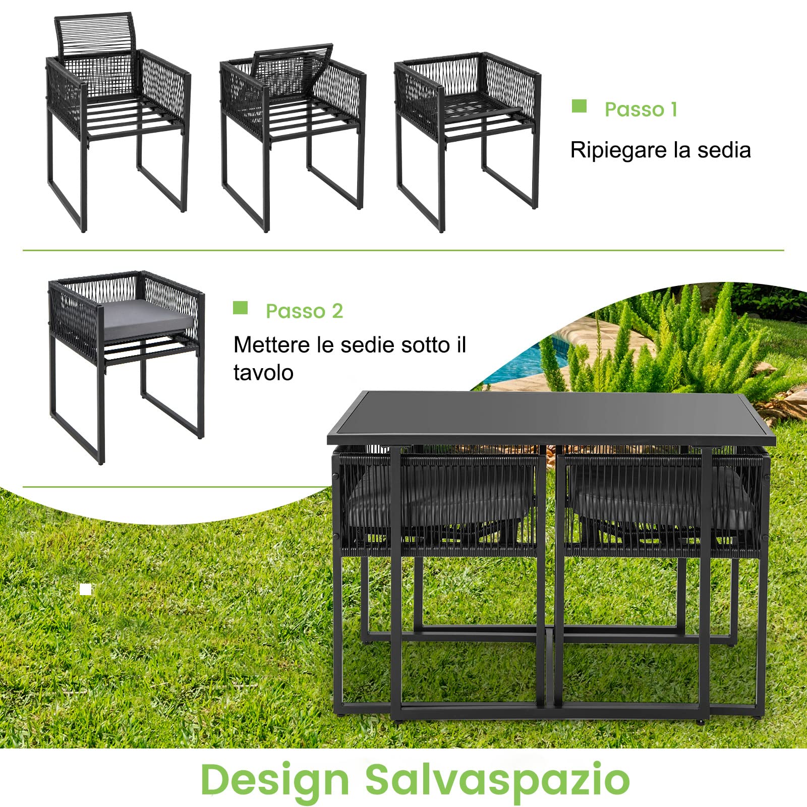 COSTWAY Set di 3 Pezzi Pranzo da Giardino, Tavolo e Sedie in Rattan PE con Vetro Temperato
