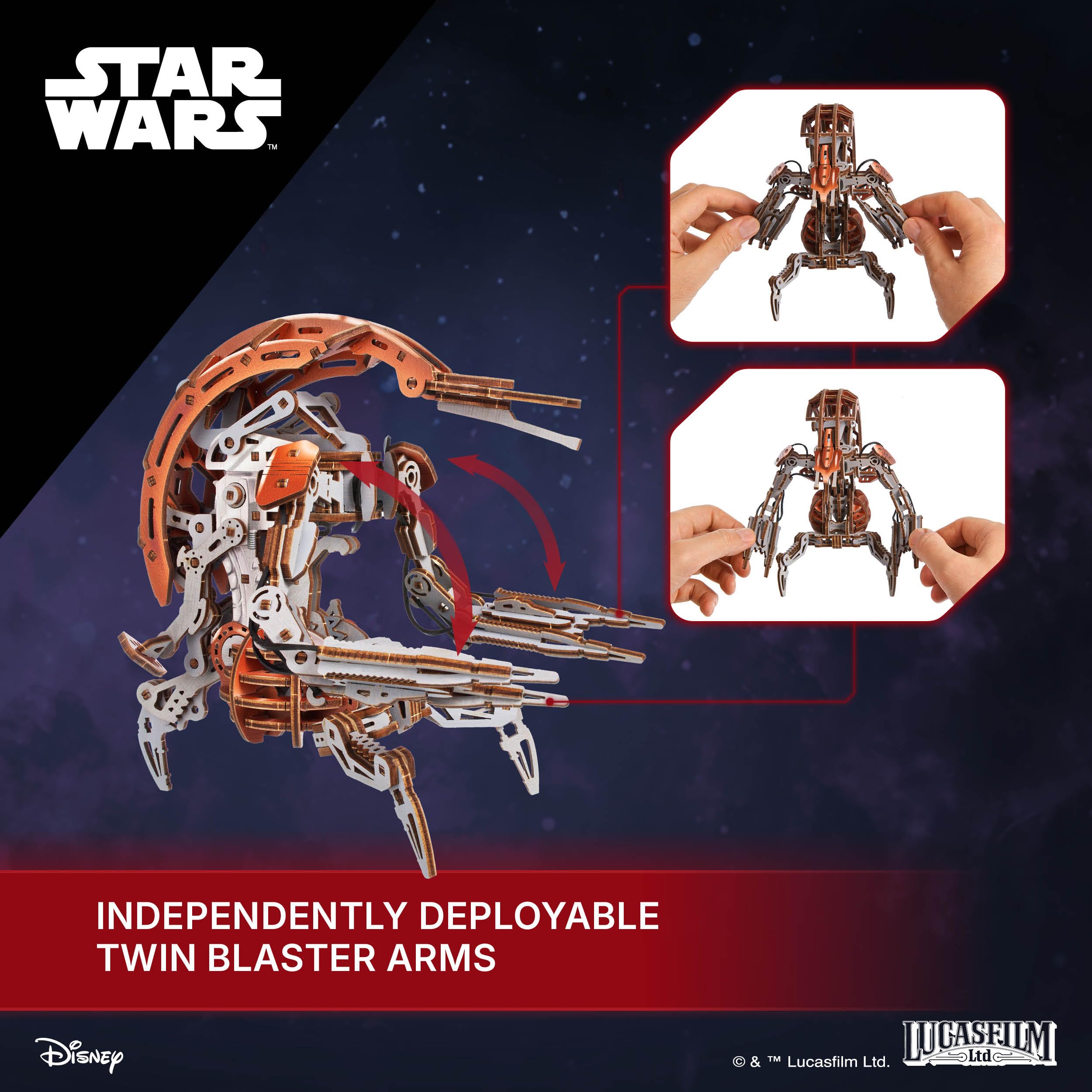 UGEARS Star Wars Droideka Drewniane Puzzle 3D – Mechaniczny drewniany model do złożenia, zestaw DIY do budowy, kolekcjonerskie puzzle z drewna, szczegółowy projekt konstrukcyjny i pomysł na prezent dl
