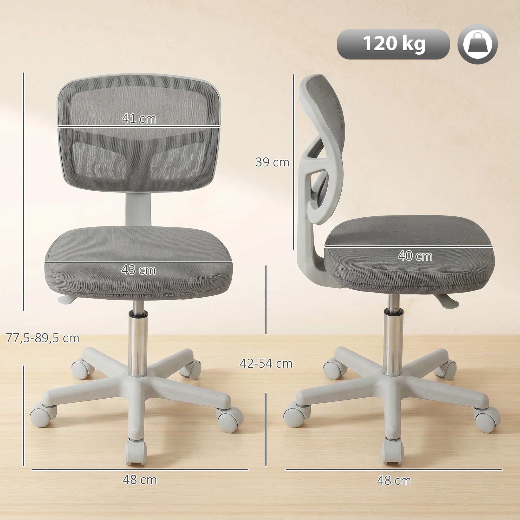Vinsetto Ergonomischer Bürostuhl ohne Armlehnen, drehbar, Grau | Bürostuhl, gebogene Rückenlehne aus Netz, Rollen, höhenverstellbar, für Schminktisch, Schlafzimmer