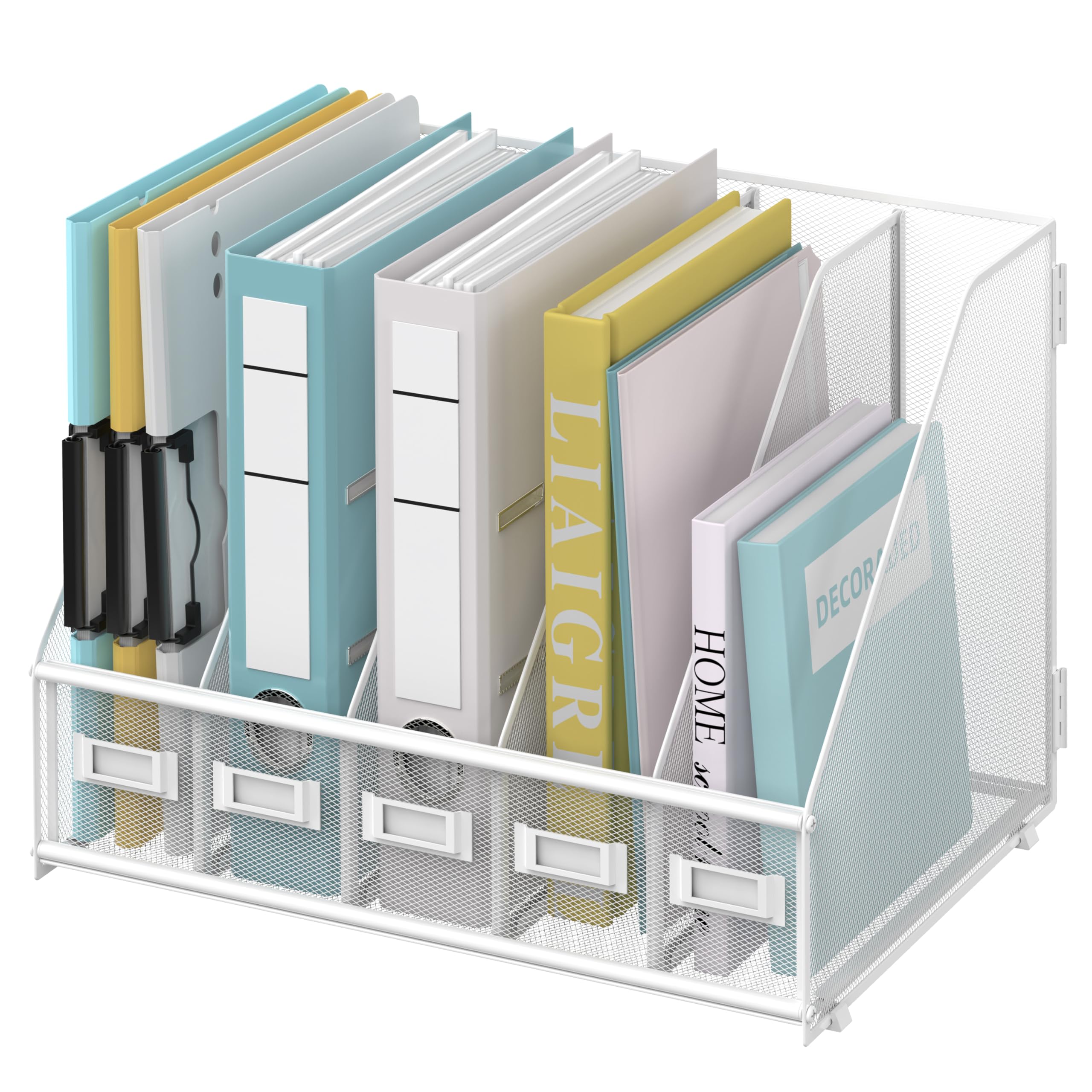 SUPEASY Schreibtisch Organizer Metall Schreibtisch Magazin Aktenhalter mit 5 vertikalen Fächern Rack Datei Organizer für Büro Desktop, Home Workspace, Weiß