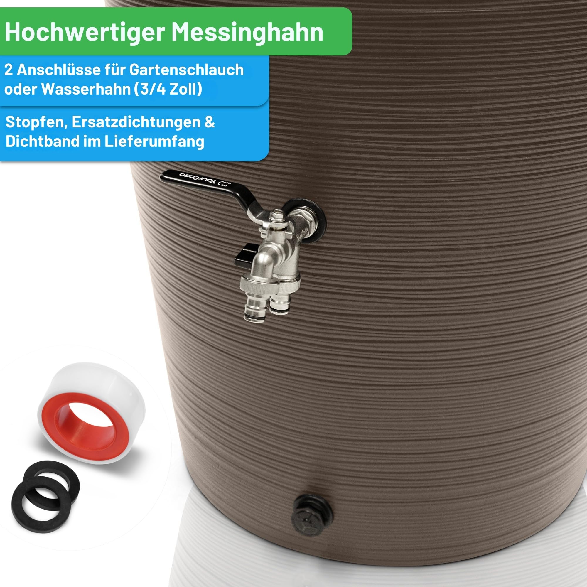 YourCasa Regentonne 240 Liter [Aquasplash] Messing Wasserhahn & Deckel - Regenfass Frostsicher aus Kunststoff - Regenwassertonne - Regenwassertank Garten Wassertank Regensammler Wasserfass (Mocha)