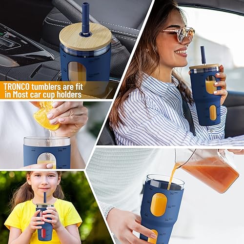 Miniatura 7 de Tronco Vaso de 32 onzas con popote y tapa, vaso de vidrio reutilizable con marcador de tiempo, funda de silicona, se adapta a portavasos y sin BPA