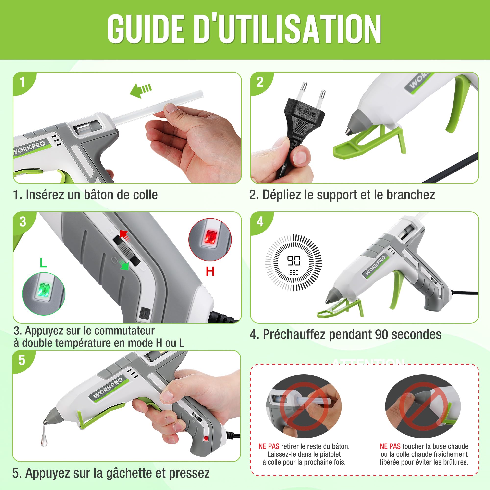 WORKPRO Pistolet à Colle Chaude 60/100 W avec 10 Bâtons de Colle | Chauffage Rapide en 90 s, Bâtons 11 × 200 mm, pour Bricolage, Réparation, Artisanat et DIY