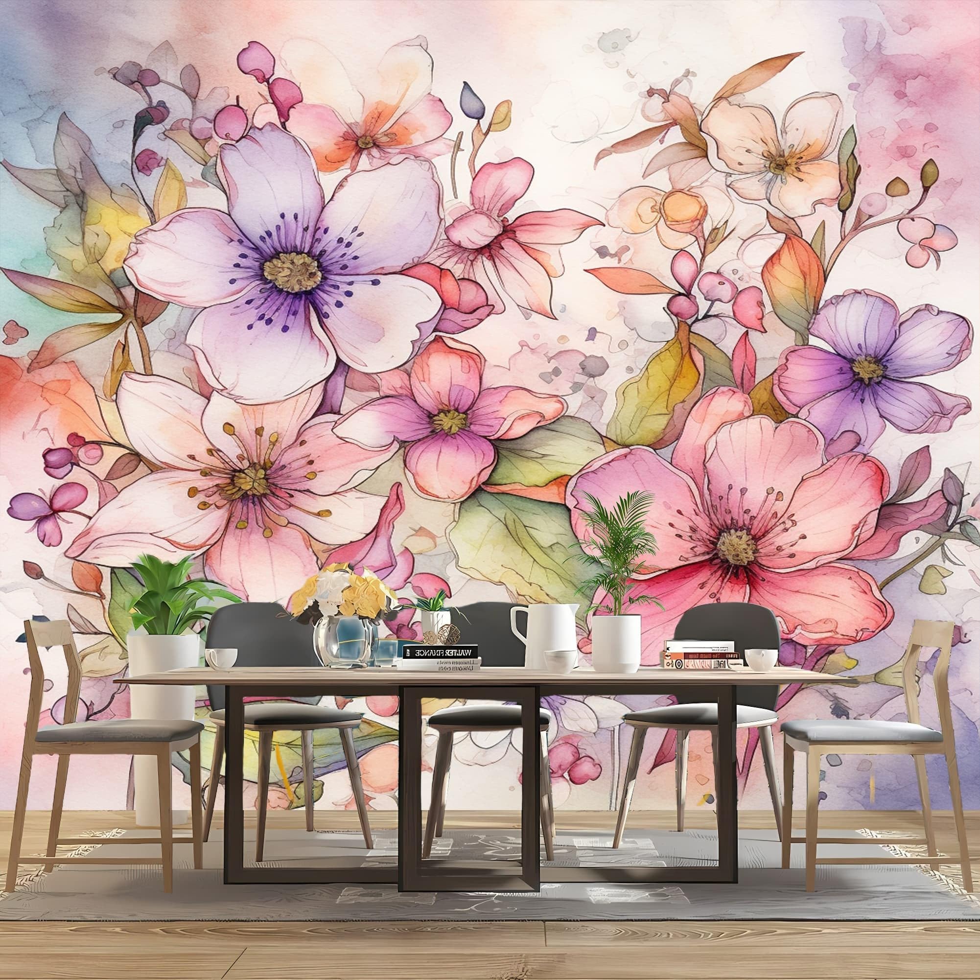 Sypialnia Panoramiczna tapeta 3D Akwarela kwiatowy wzór 350x256 cm różowa tapeta ścienna z włókniny do salonu Sofa TV dekoracja tła, konfigurowalny duży rozmiar
