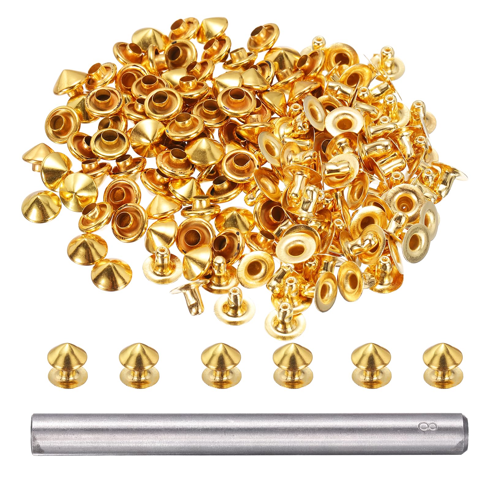 sourcing map 80pcs Round Studs Rivet 8mm Leather Rivets Rapid Punk Spikes Leathercraft Decoration with Hole Punch for Rock Nailheads Clothing Belts Bags Shoes, Gold — image 1