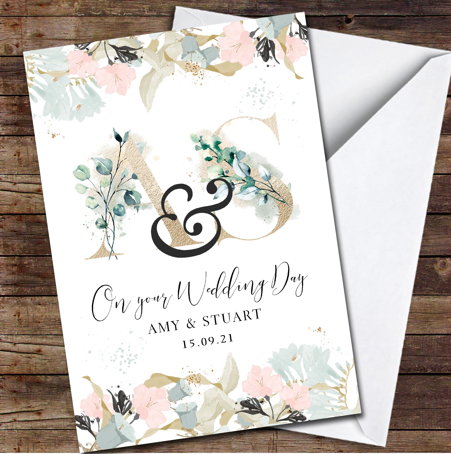 Blush Gold Floral Your Wedding Shimmer Any Names Date Initial Personalised Card - Personalised Wedding Day Card, Congratulations On Wedding Day Card For Bride & Groom