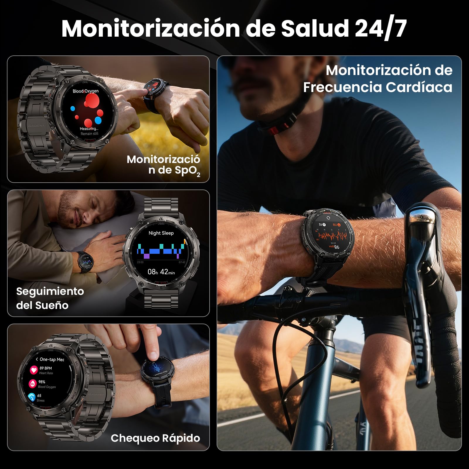 KOSPET Tank T4 Special Edition Smartwatch, Reloj Robusto AMOLED 1,43” con GPS y mapas Offline, 10ATM para Buceo Libre, batería 50 días, Llamadas Bluetooth (2 Correas)-Negro