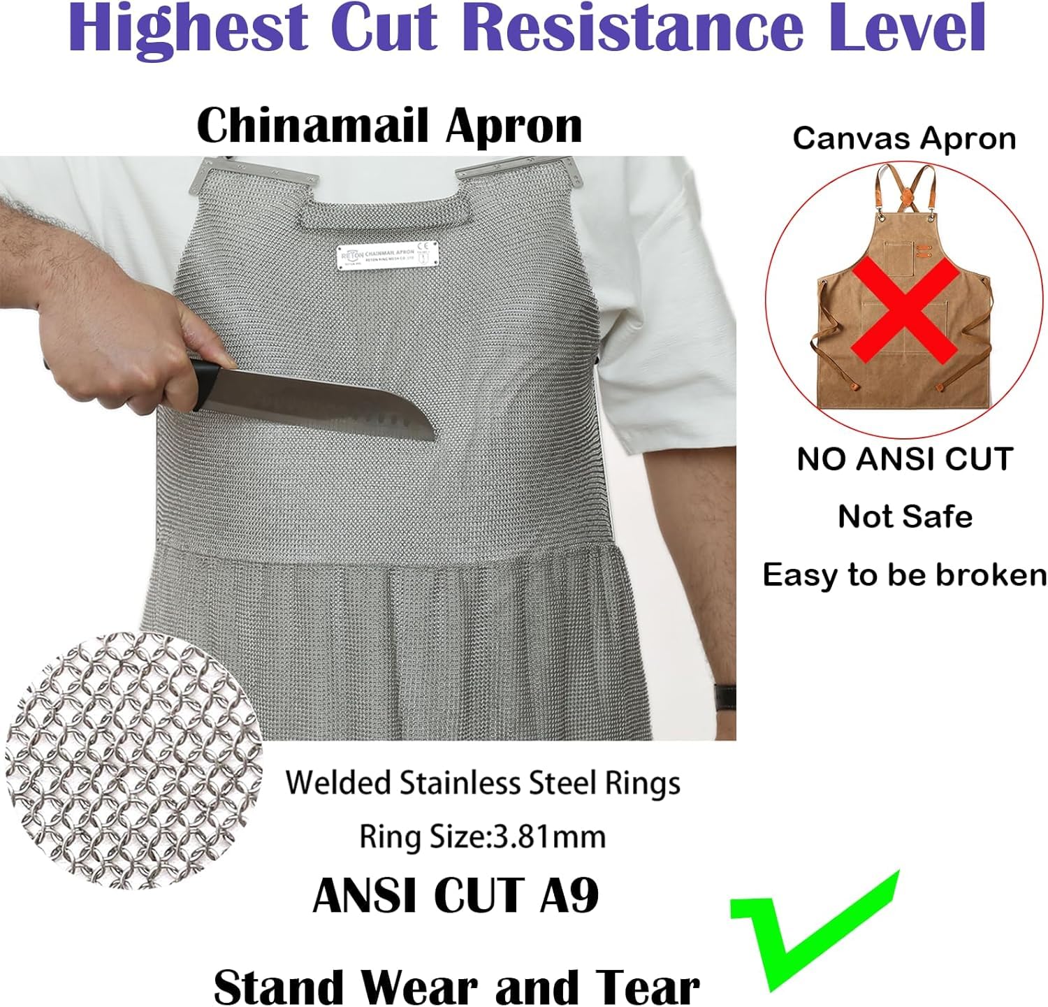 Edelstahl Kettenschürze für Metzger, Schwere Ausführung, Schnittfeste Arbeitsschürze aus 316L Edelstahl-Metallgewebe, Verstellbare Gurte, Lebensmittelgeeignet (L(60 * 80cm))