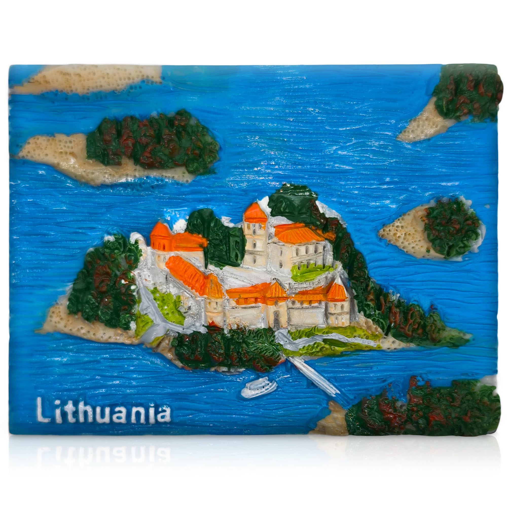 Lithuania Fridge Magnet – Hand-Painted 3D Resin Souvenir Magnet of Trakai Island Castle on Lake Galvė with Boats, Forests & Shoreline, 7.3 x 5.3 cm Baltic Travel Gift