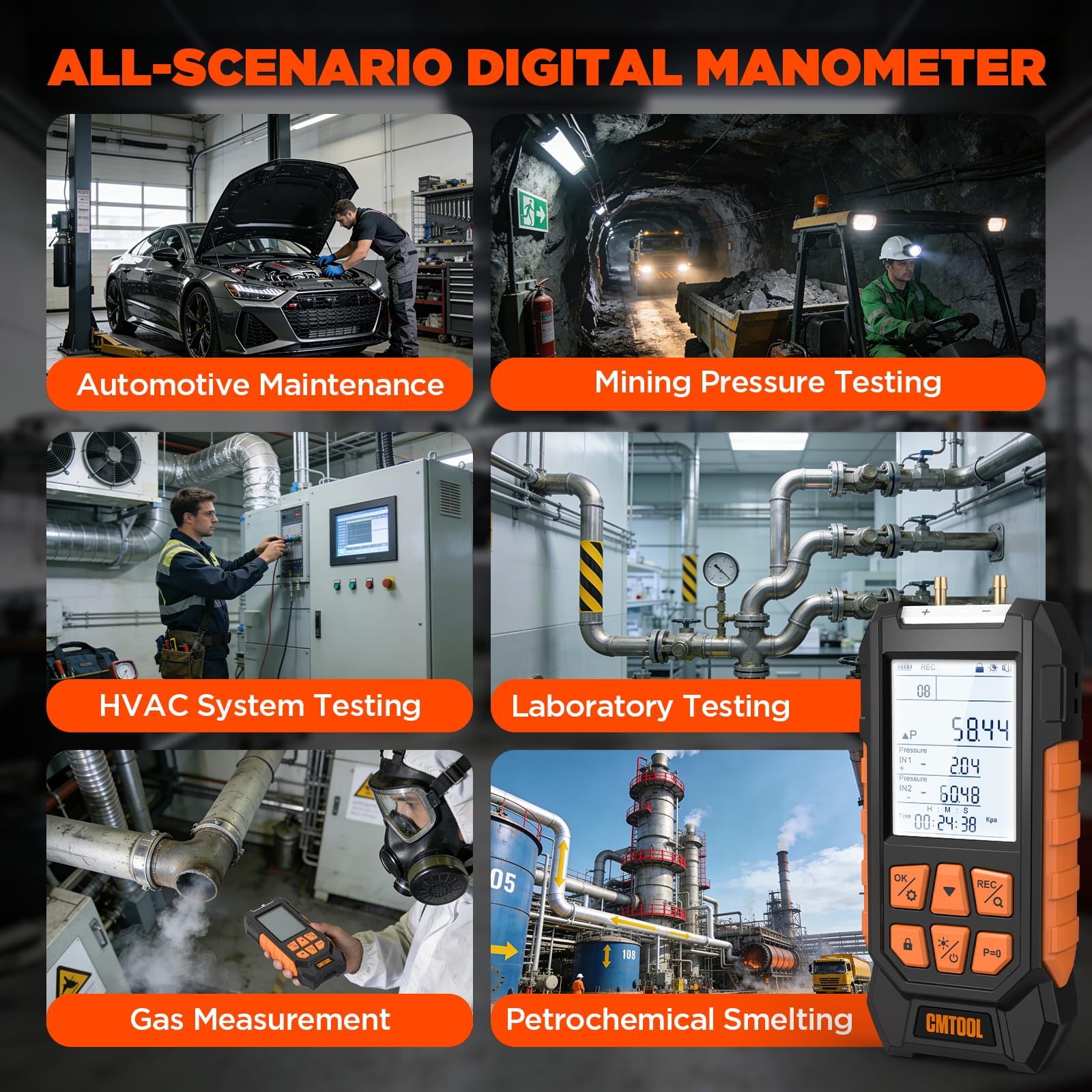 CMTOOL Manómetro de presión de gas, manómetro digital de -100-200 Kpa con imán fuerte, 10 unidades seleccionables, kit de probador de presión de aire de doble puerto con más accesorios