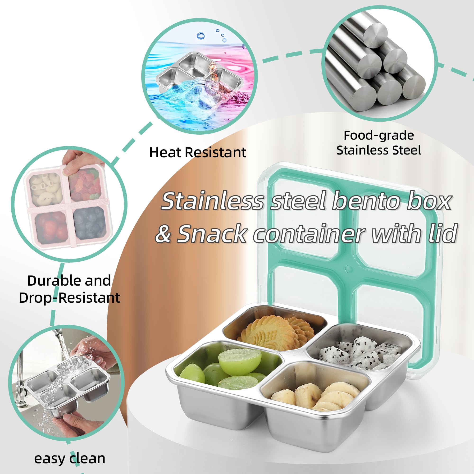 Misichao Snackbox mit 4 Fächern Edelstahl, 400ml Snackdose für Kinder & Erwachsene, Wiederverwendbare Lunchbox Bento Box mit Fächern für Schule, Arbeit & Camping