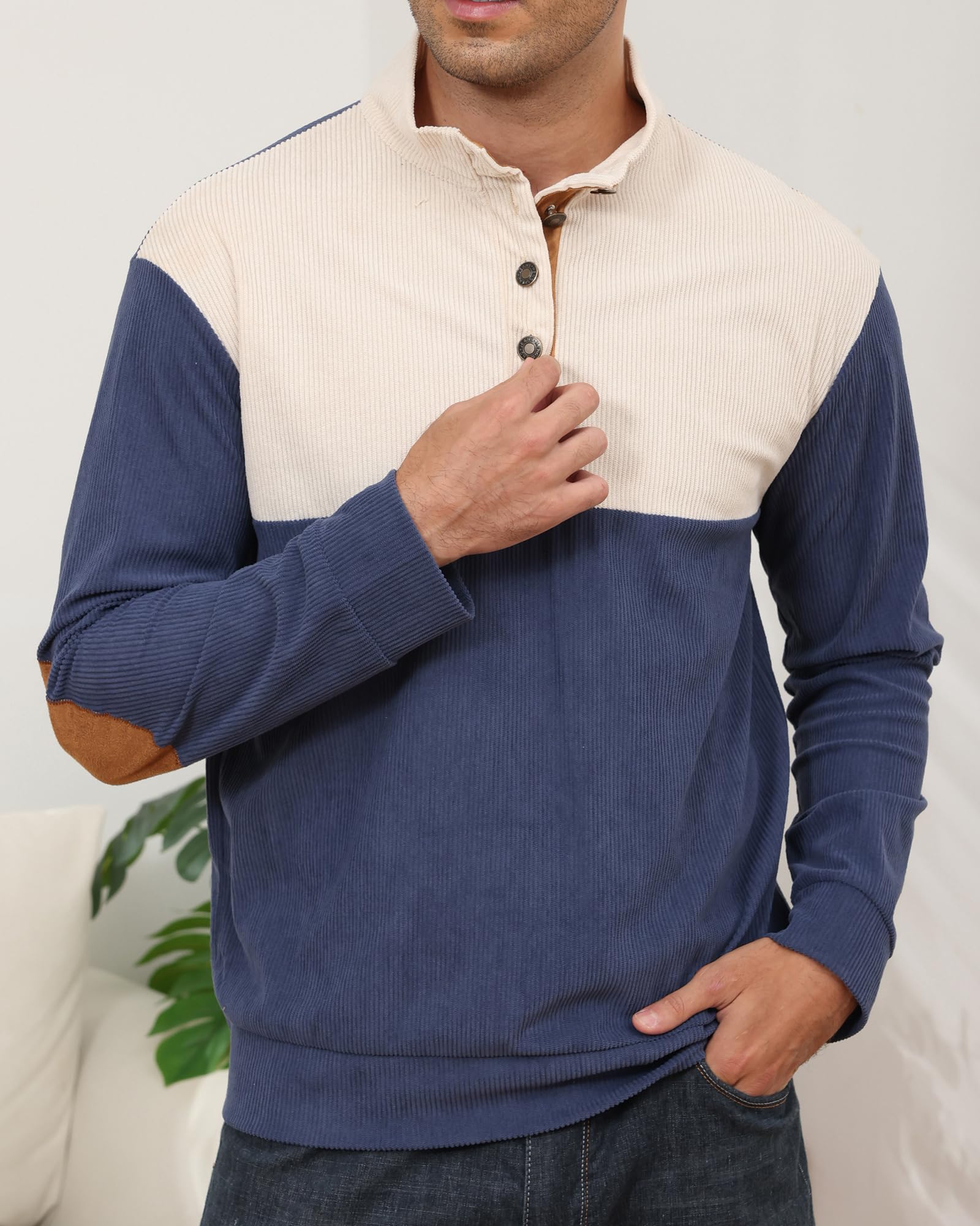 PRIVIMIX Sweat Homme sans Capuche Léger Pull Col à Boutons Sweatshirt Velours Côtelé Sweet M-3XL