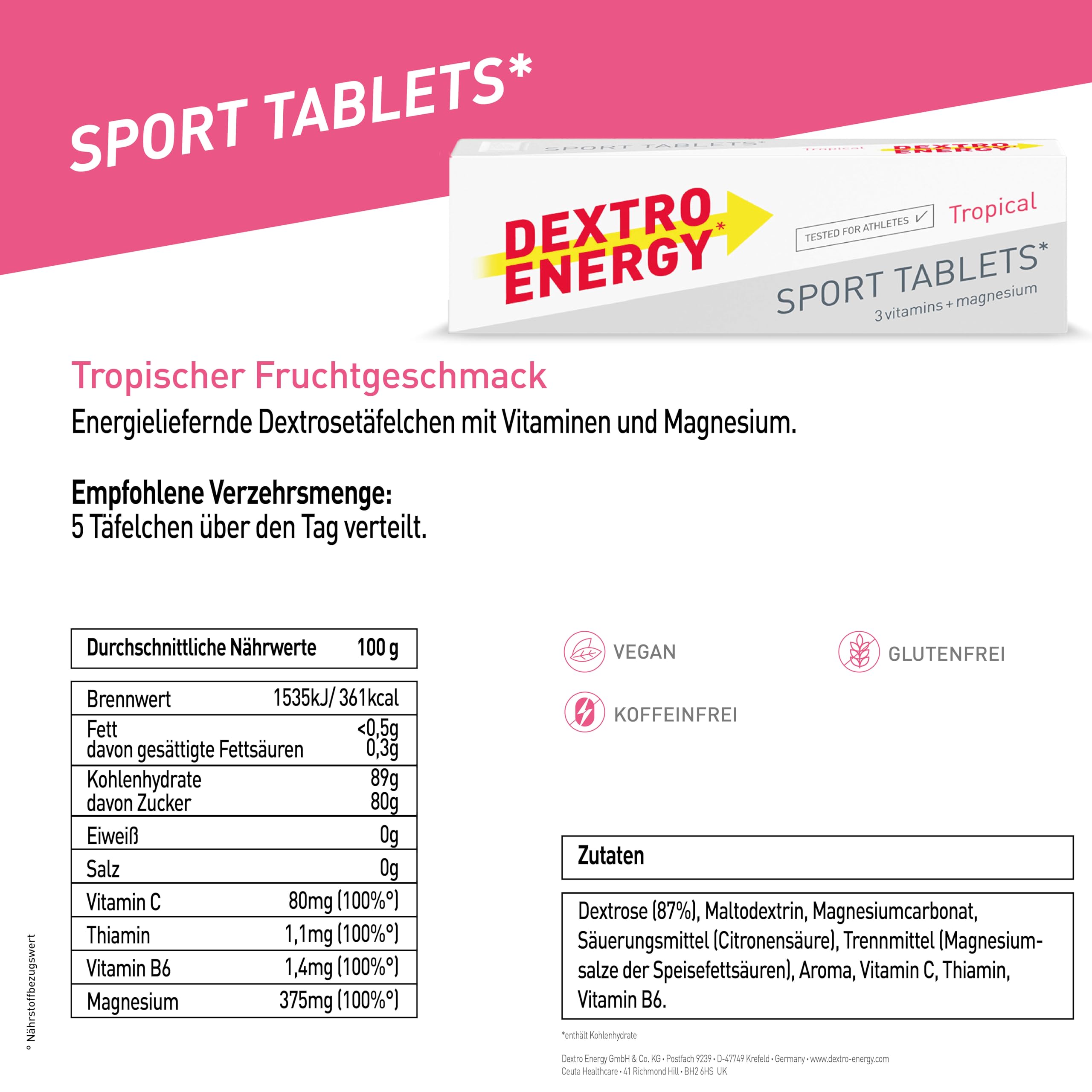 Dextro Energy Sport Tablets Tropical Flavour - 24x46g (24er Pack) - mit Zusatz von Magnesium und Vitamin B1, B6, C - Traubenzucker für dein Workout