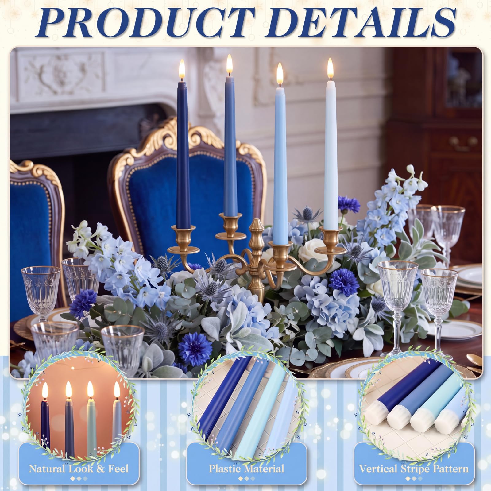 Baquler Lot de 12 bougies coniques sans flamme bleues de 27,9 cm à piles LED en plastique dégradé pour mariage, église, dîner, maison, fête de Noël