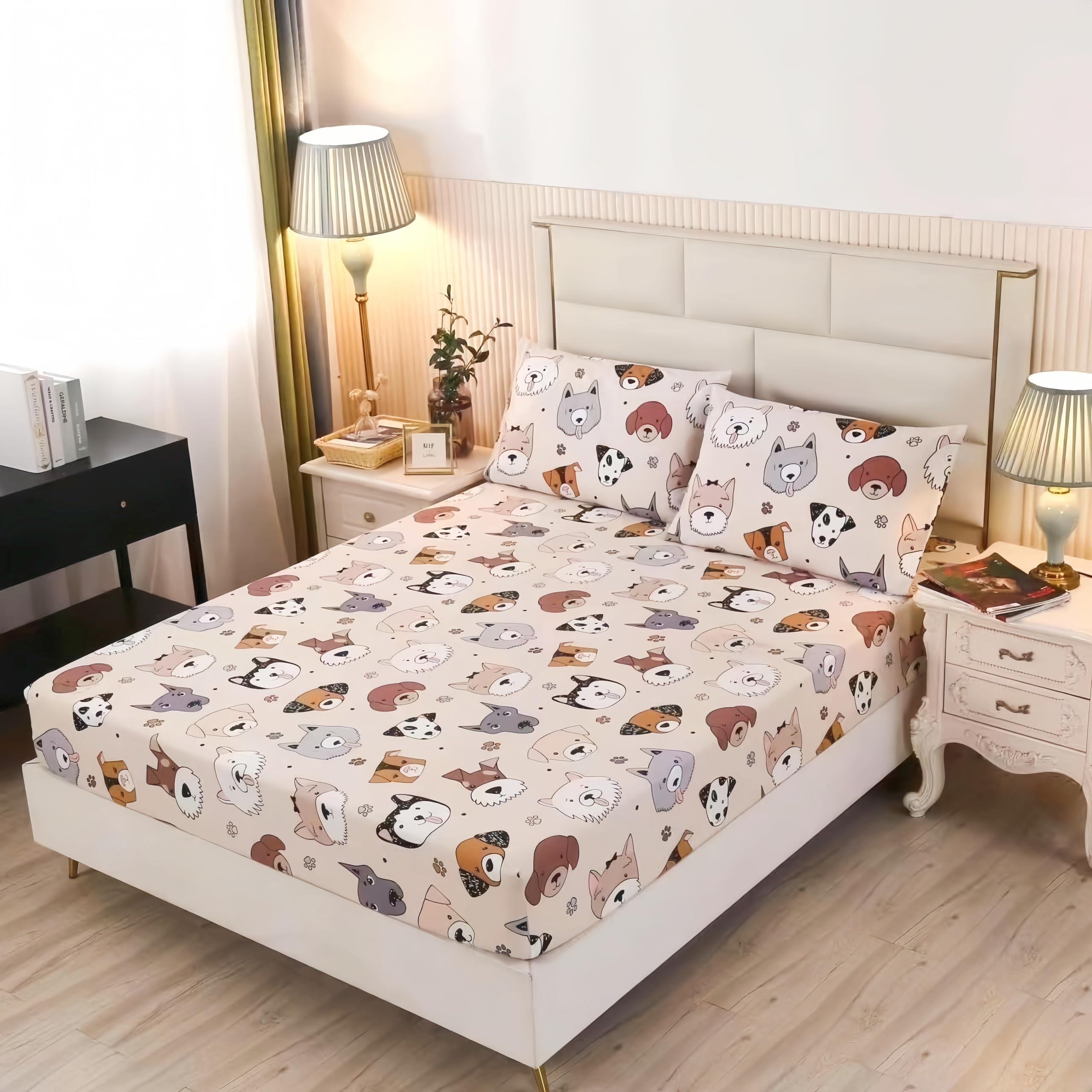 SDY 3PCS Dog Fitted Sheet, Doggy Print Pattern Bedding Sheet Queen with Deep Pocket Fitted Sheet & 2 Pillowcases, Soft and Trendy, Kawaii Animals
