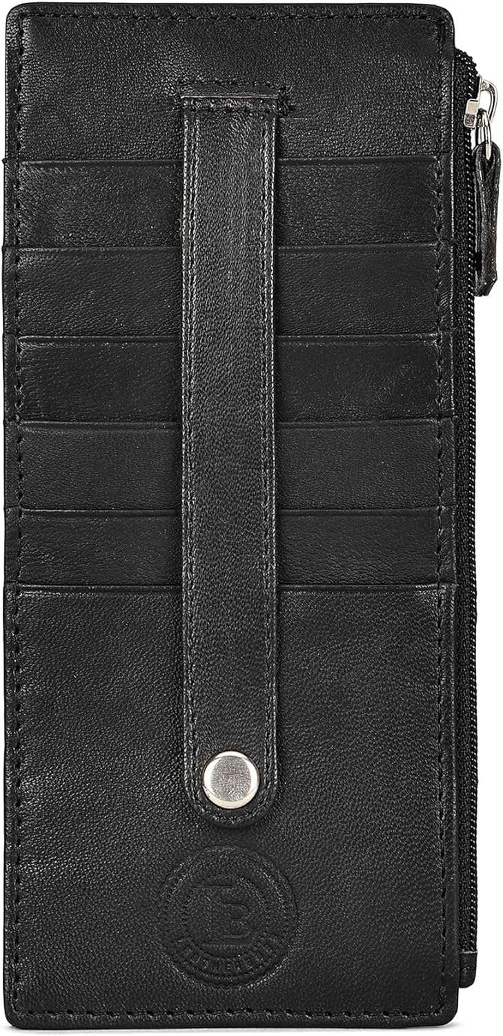 Leatherboss Genuine Leather Women's All in One Credit Business Card Case Holder Slim Zipper Wallet With a Card Protection Strap, Black