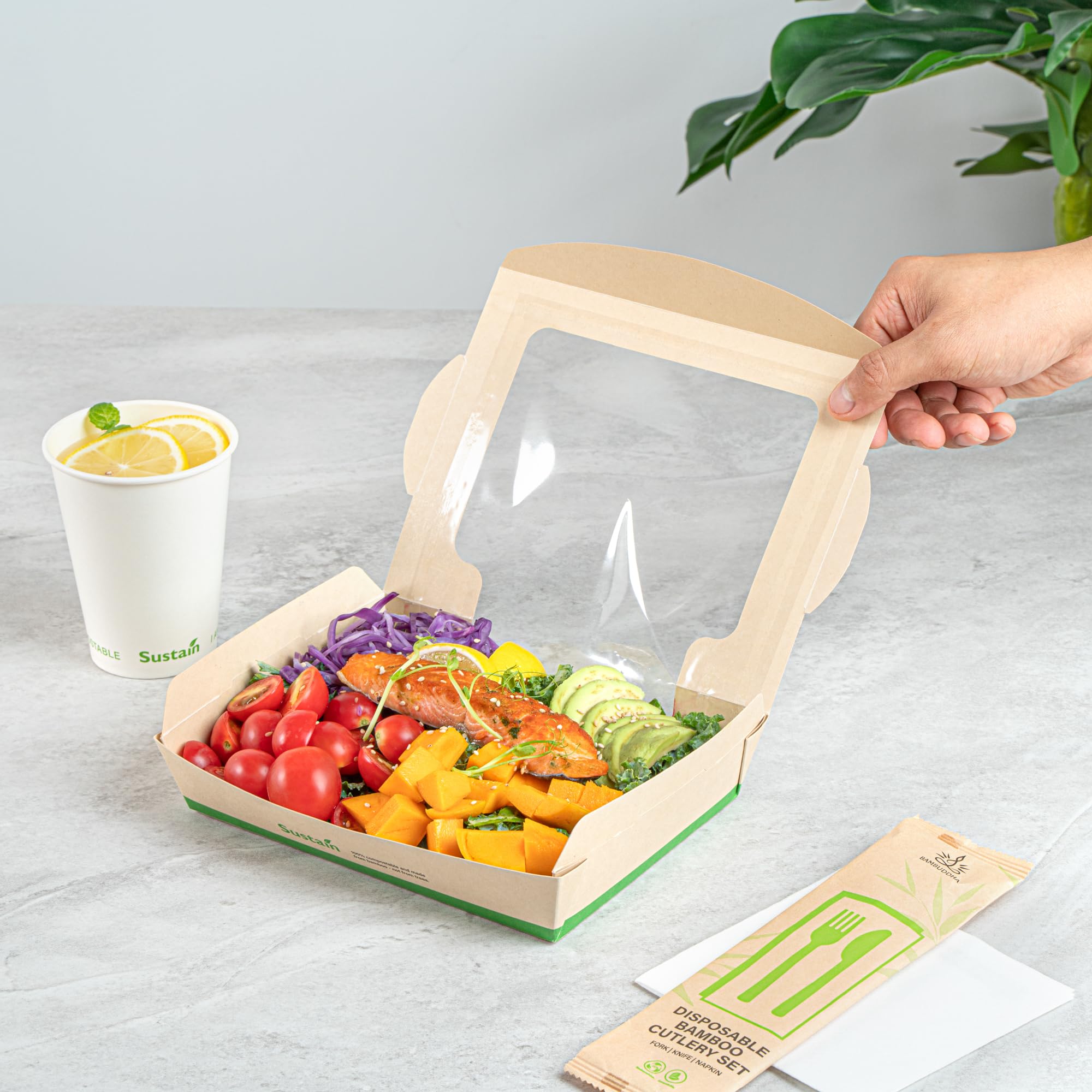 Restaurantware - Stabile Papierboxen zum Herausnehmen von Lebensmitteln, 1,2 l, 200 Einwegbehälter zum Herausnehmen – mit PLA-Futter, zwei transparenten Fenstern, Bambus-Papierbehälter, kompostierbar,