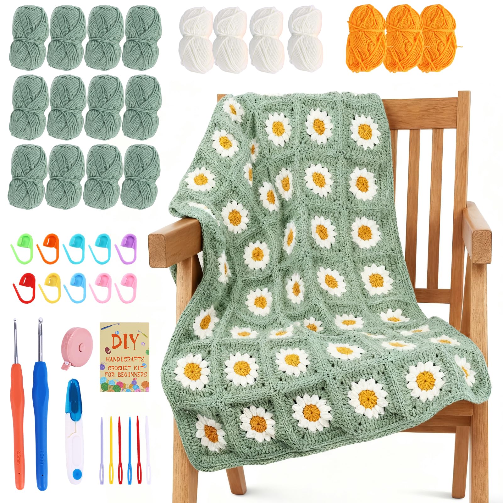 Weskjer Crochet Blanket Kit, Crochet Daisy Granny Square Blanket Kit, Starter Crochet Kit Beginners for Beginners Adults with Step-by-Step Instructions Book, Yarn & Accessories