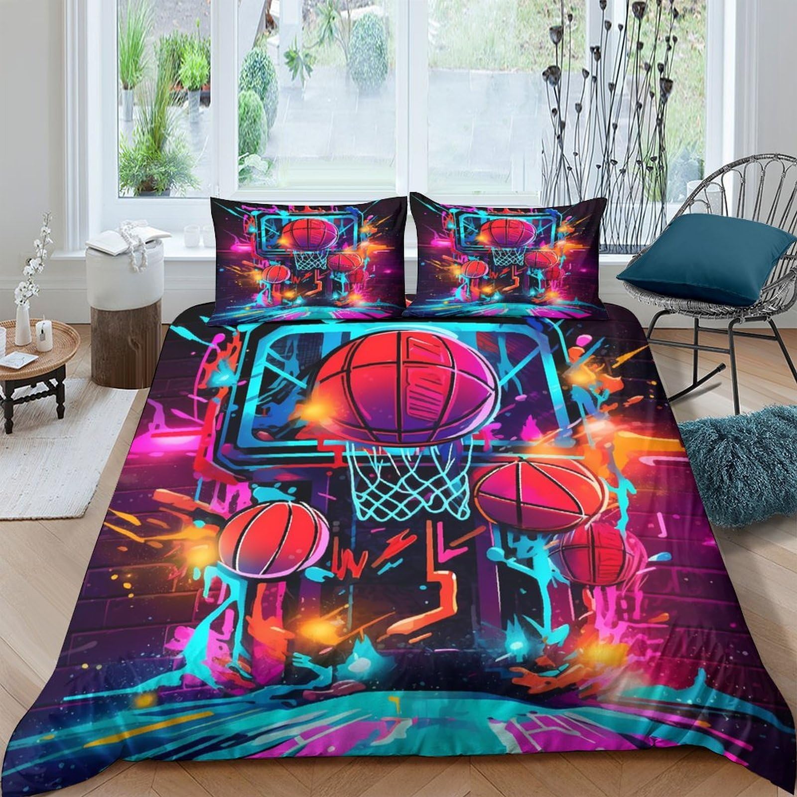 Ctjqhvkz Style-3 3D Printed Neon Basketball Fitted Sheet Microfiber Soft Anti-Slip Graffiti Court Bed Cover For Bedroom Guest Room Decor Single（135X200cm）
