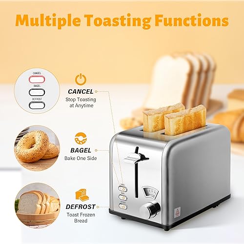 Miniatura 3 de Simple Deluxe Tostadora de acero inoxidable de 2 rebanadas, 5 ajustes de tostado y tostadora de ranura extra ancha de 3 funciones, con bandeja