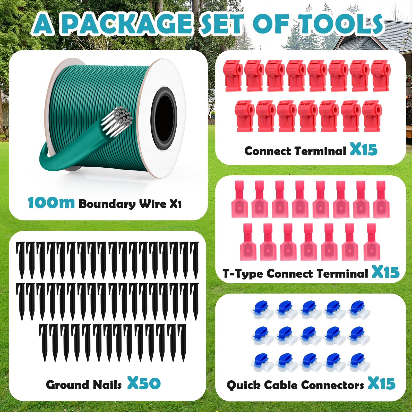 Cable Robot Tondeuse 100m + 50 Piquets + 15 Connecteurs de Câble + 15 Bornes de Connexion, Cable Tondeuse, pour Tondeuse à Gazon Compatible avec Bosch Gardena Husqvarna Worx Stihl etc