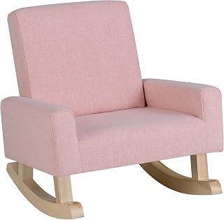 Costzon Toddler Rocking Chair Kids Sofa - Solid Wood Frame, Breathable Linen, Anti-Tipping, Ergonomic Armchair for Nursery Playroom 3-5 Years Pink