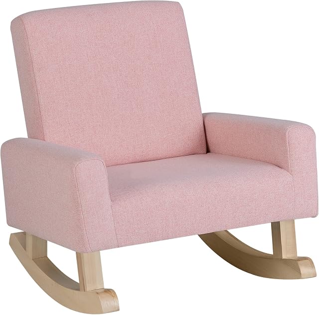 COSTWAY Kids Rocking Chair, Toddler Upholstered Armchair with Anti-tipping Design, Wooden Linen Fabric Children Sofa Rocker for Bedroom, Playroom and Living Room (Pink)