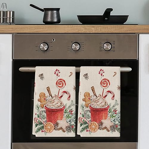 Miniatura 5 de LUSWEET Toallas de cocina de algodón, paquete de 2 paños de cocina de Navidad, pastel de jengibre, hombre de bayas, vintage, reutilizables, toallas