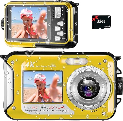 YISENCE 4K Waterproof Camera 11FT Underwater Camera with 32GB Card 48MP Autofocus Selfie Dual-Screen Underwater Cameras for Snorkeling, Waterproof