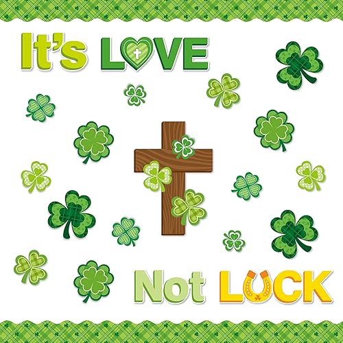 Juego de 102 tablones de anuncios cristianos del día de San Patricio, diseño de trébol y cruz de Dios, con texto en inglés "It's Love Not Luck",