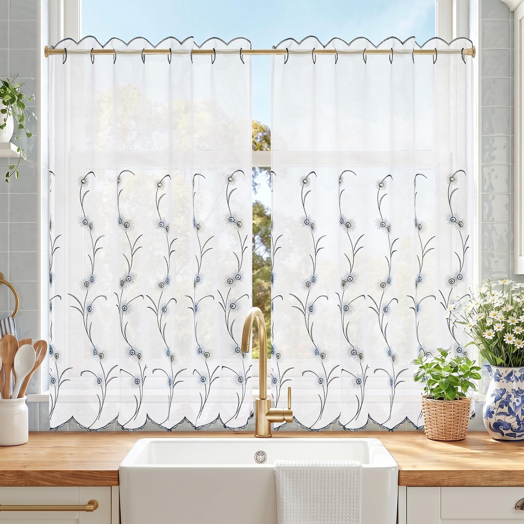 TOPICK Scheibengardine Küche lichtdurchlässig Bistrogardine Wohnzimmer modern Küchengardinen Gardine Schals Fensterschal Kurzgardine für Küche Küchenfenster Landhausstil