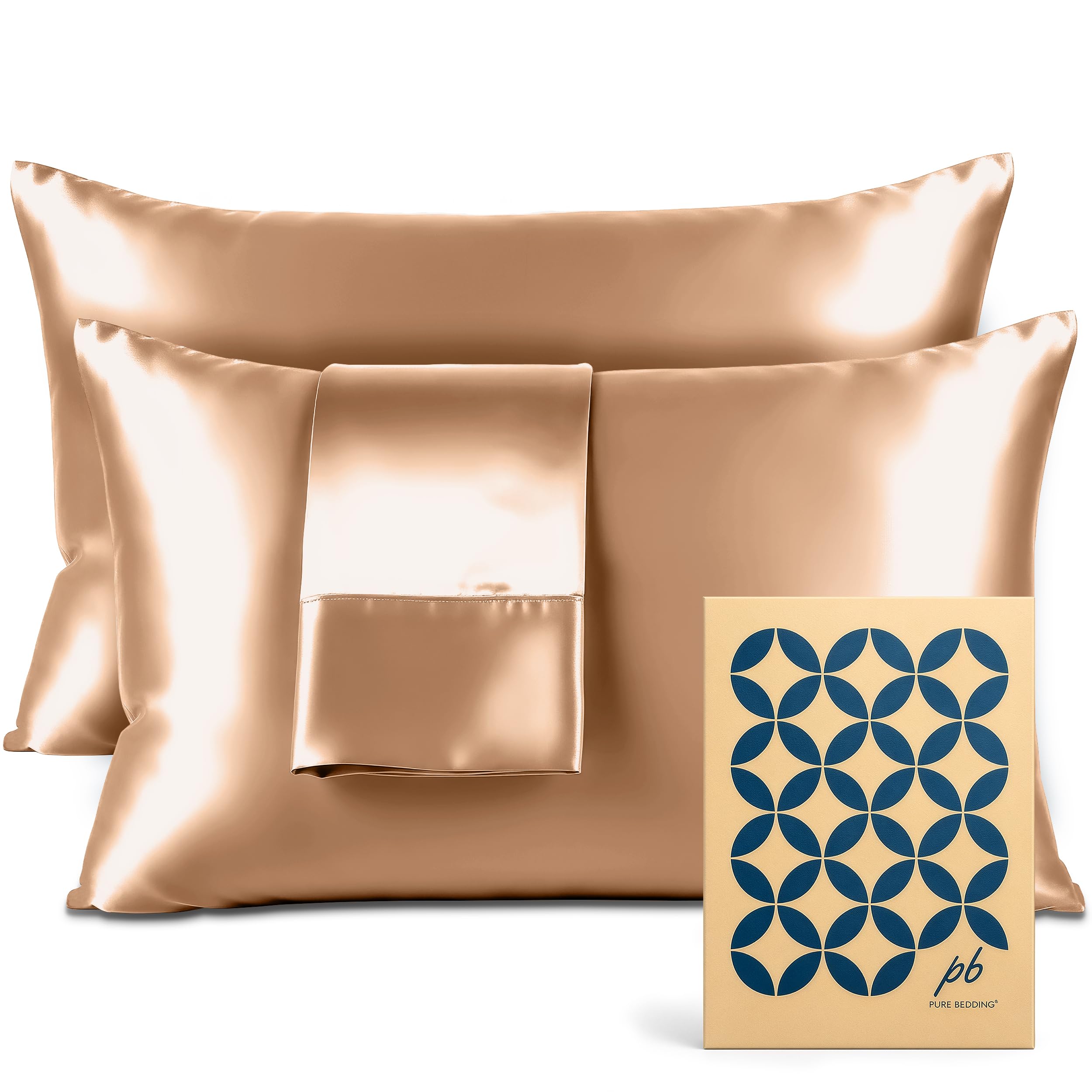 Pure Bedding - 2 fundas de almohada de satén, queen (51 x 76 cm, oro rosa), sedosas para cabello y piel, con cierre de sobre, microfibra extrasedosa