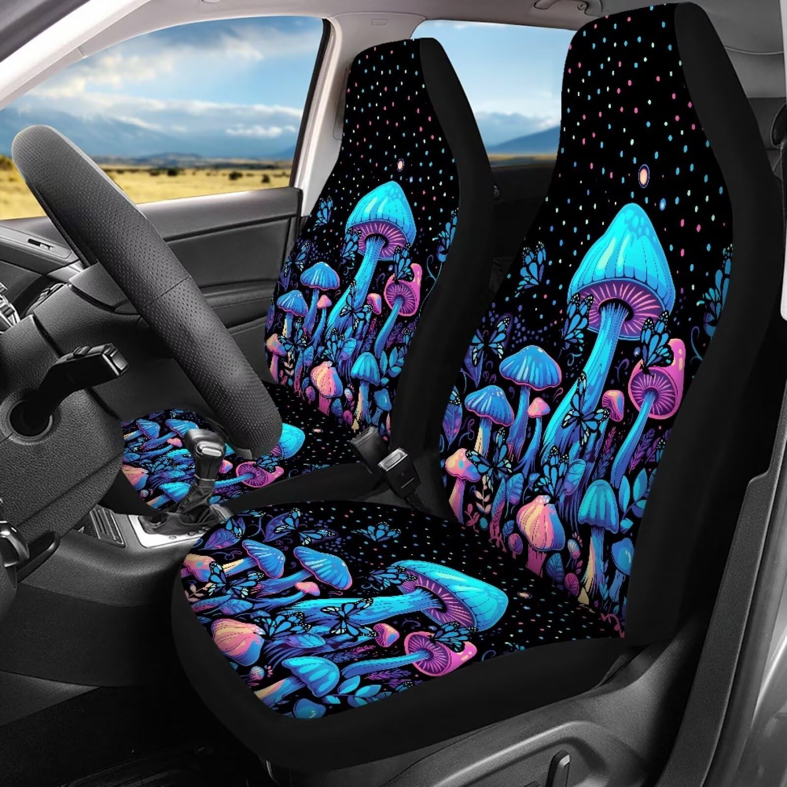 Coldinair Mushroom Cloth Car Seat Cover Protector Full Set Front and Back Car Seat Cover Seat Bottom Cover Back Dog Seat Covers, Blue Butterfly Polka Dots Car Accessories