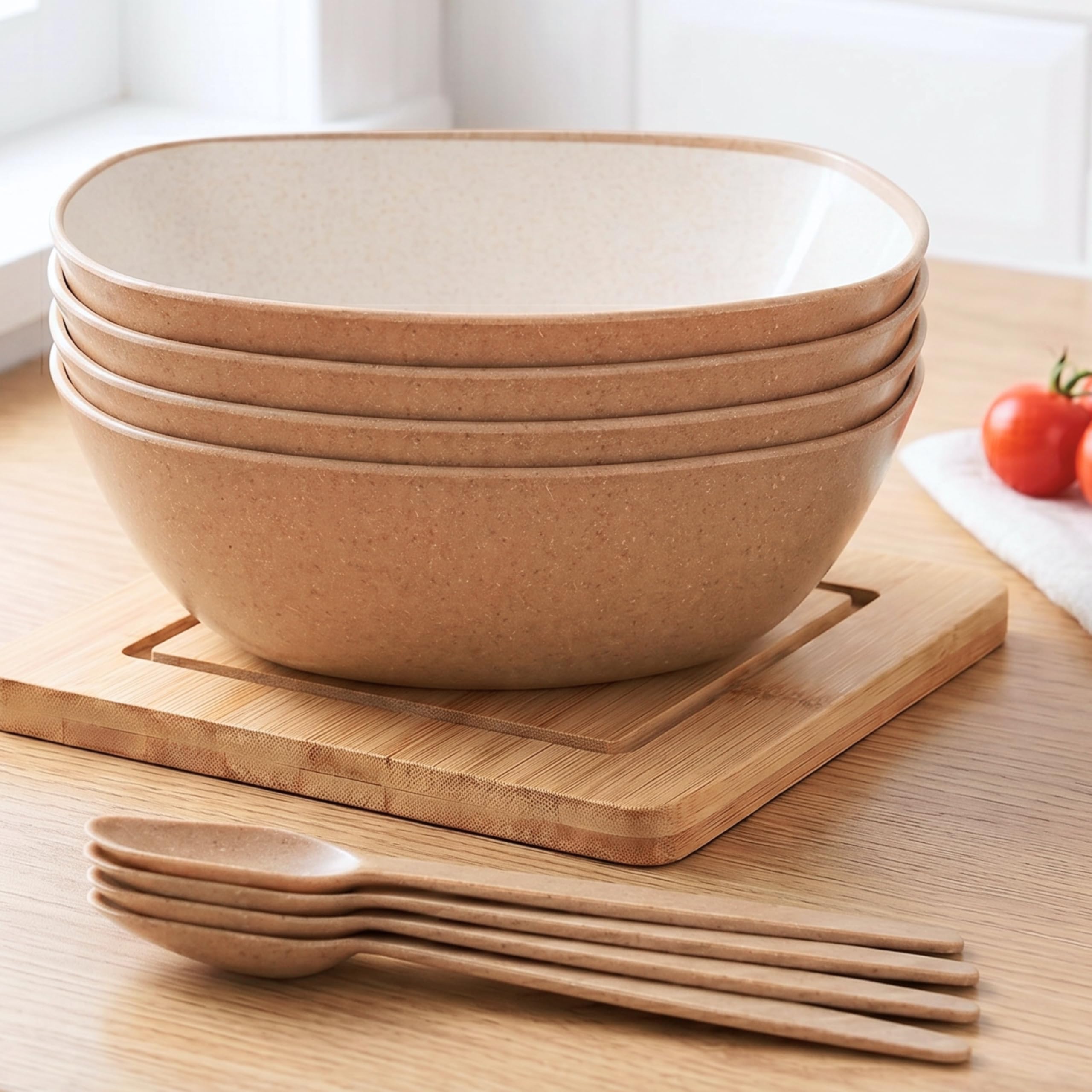 Eha Set of 4 Earth-Friendly Multipurpose Bowls for Kitchen with Spoons | 750 ml | Made with Rice Husk Biocomposite| Microwave Safe Bowl | for Hot & Cold Serving Bowl Set | Tortilla