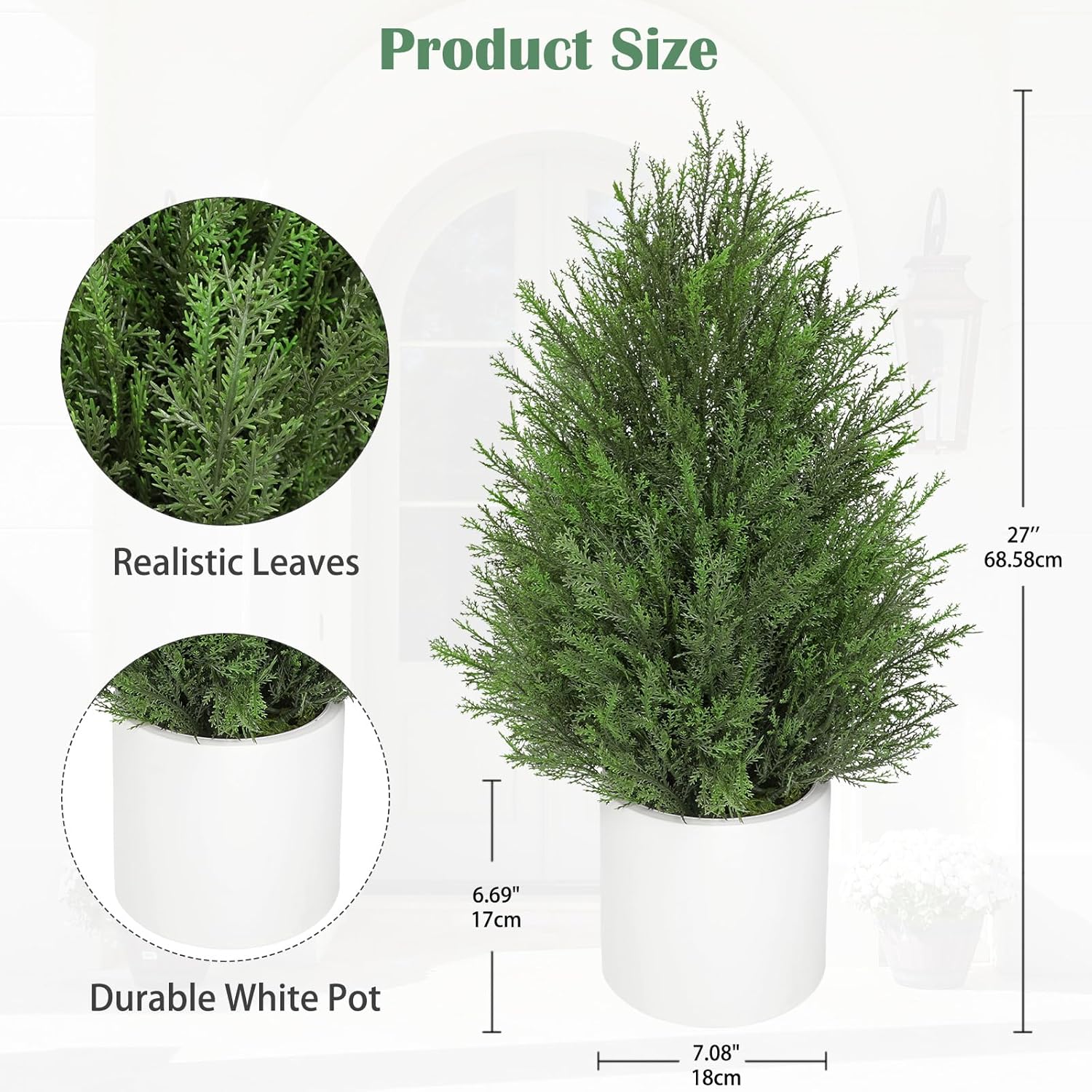 Briful 27'' Artificial Cedar Topiary Trees, 1 Pack Realistic Faux Cypress Outdoor Plants, Fake Front Porch Trees, UV Protection Patio Trees in White Pot for Outside