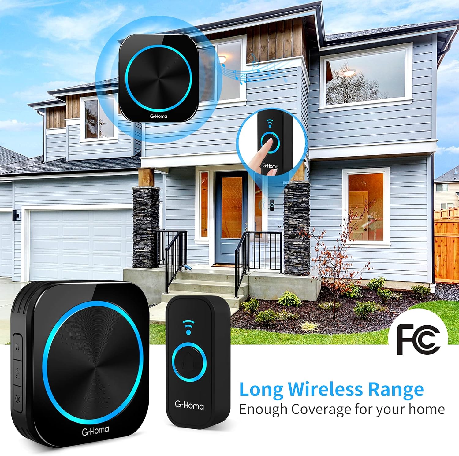 Wireless Doorbell, Battery Powered Door Bell,Waterproof Chime with 58 Melodies,4 Volume Levels/Mute Mode with Led Flash,Remote Portable Doorbell Kit for Home/Kids by G-Homa. - - 