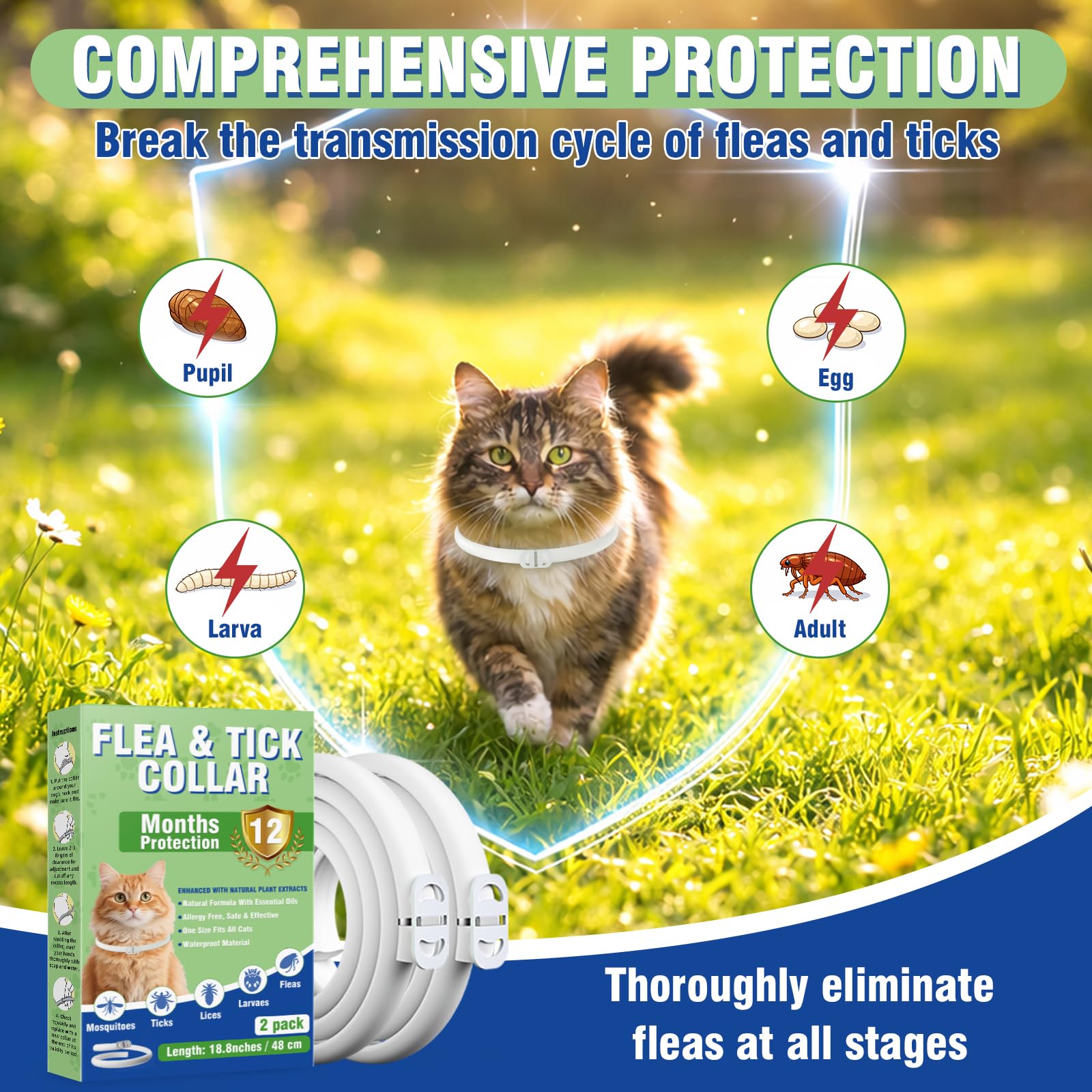 Inpumo Collar Antiparasitario para Gatos, Collar Antipulgas y Garrapatas Ajustable, Gregado con Aceites Naturales, Impermeable, Apto para Todos Los Gatos,12 Meses de Protección (1 Pack)
