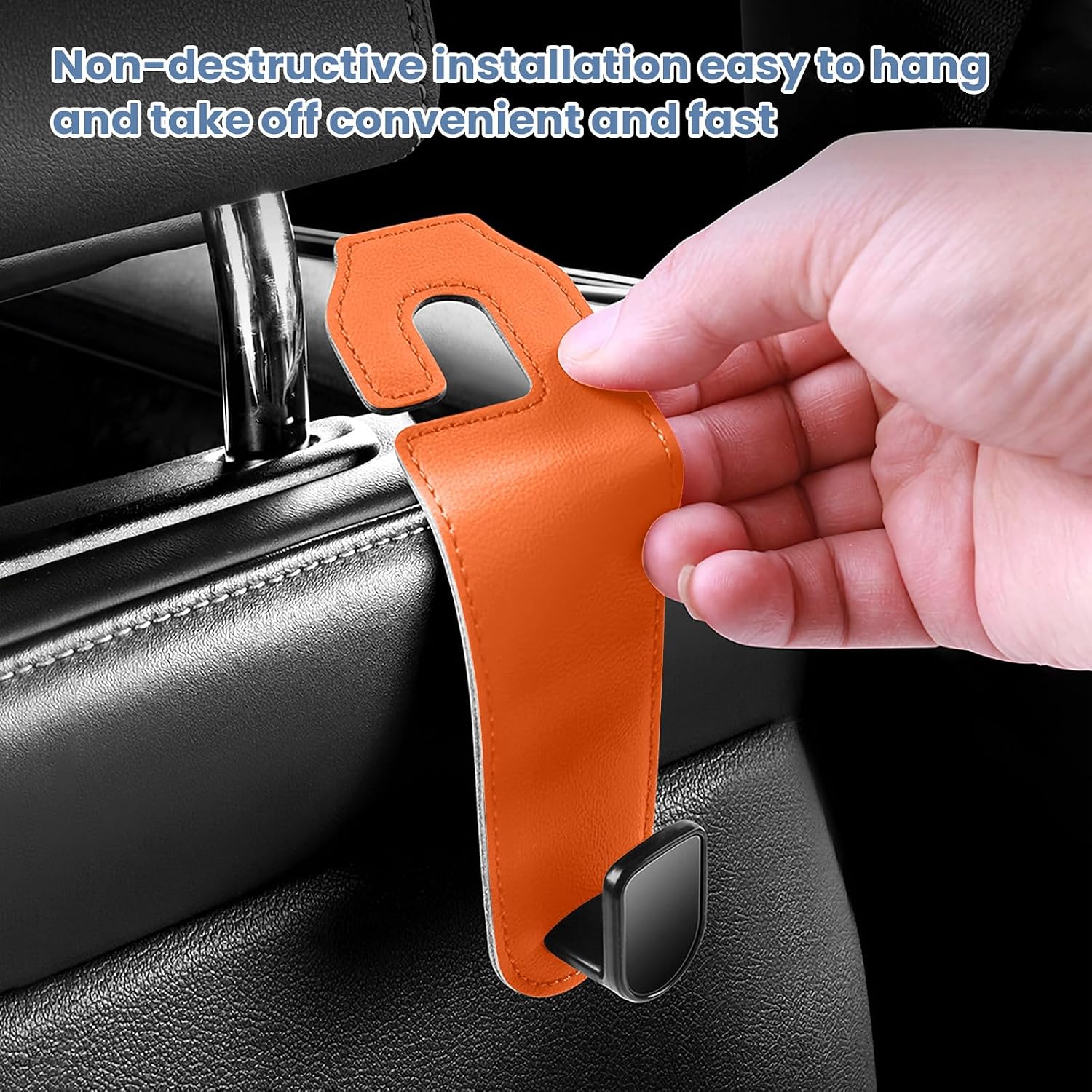 2 Pack Car Seat Back Storage Hook,PU Leather Car Seat Headrest Hook for Car Handbag Clothes (Orange) image 4
