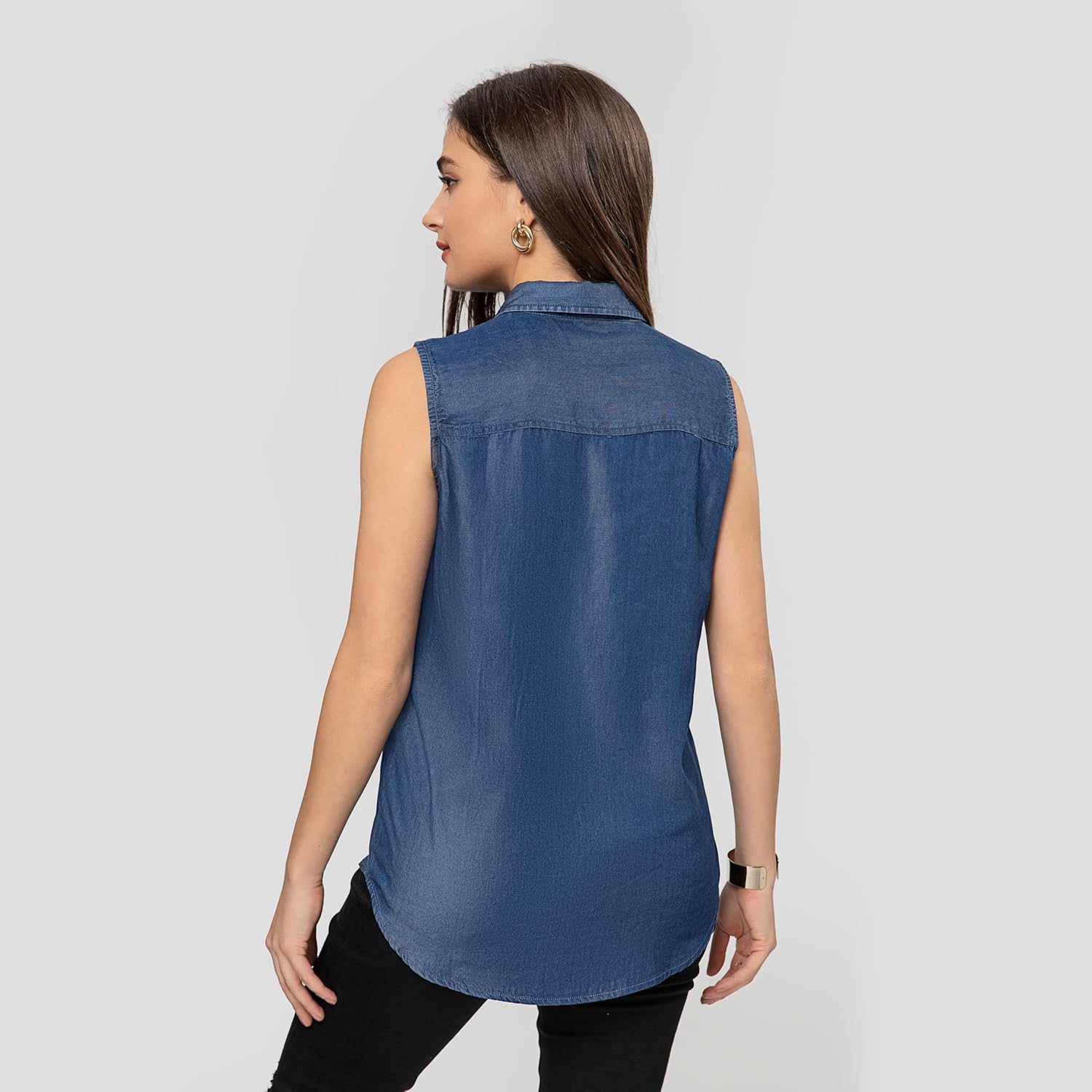 FASHIONSPARK Sleeveless Denim Tops for Women Button Down Denim Shirt Chambray Jean Tank Top Lightweight Blouses - Image 4