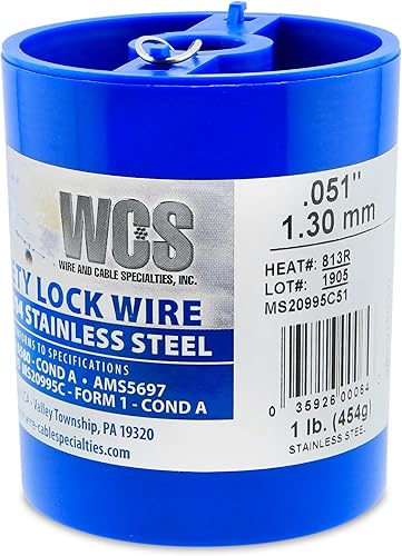 Alambre de bloqueo, T302304 inoxidable, NASM20995, MS20995C, ASTM A580 Cond A, AMS5697.051 in (1.3 mm), 1 lb (0.45 kg) dispensador lata, aprox. 143