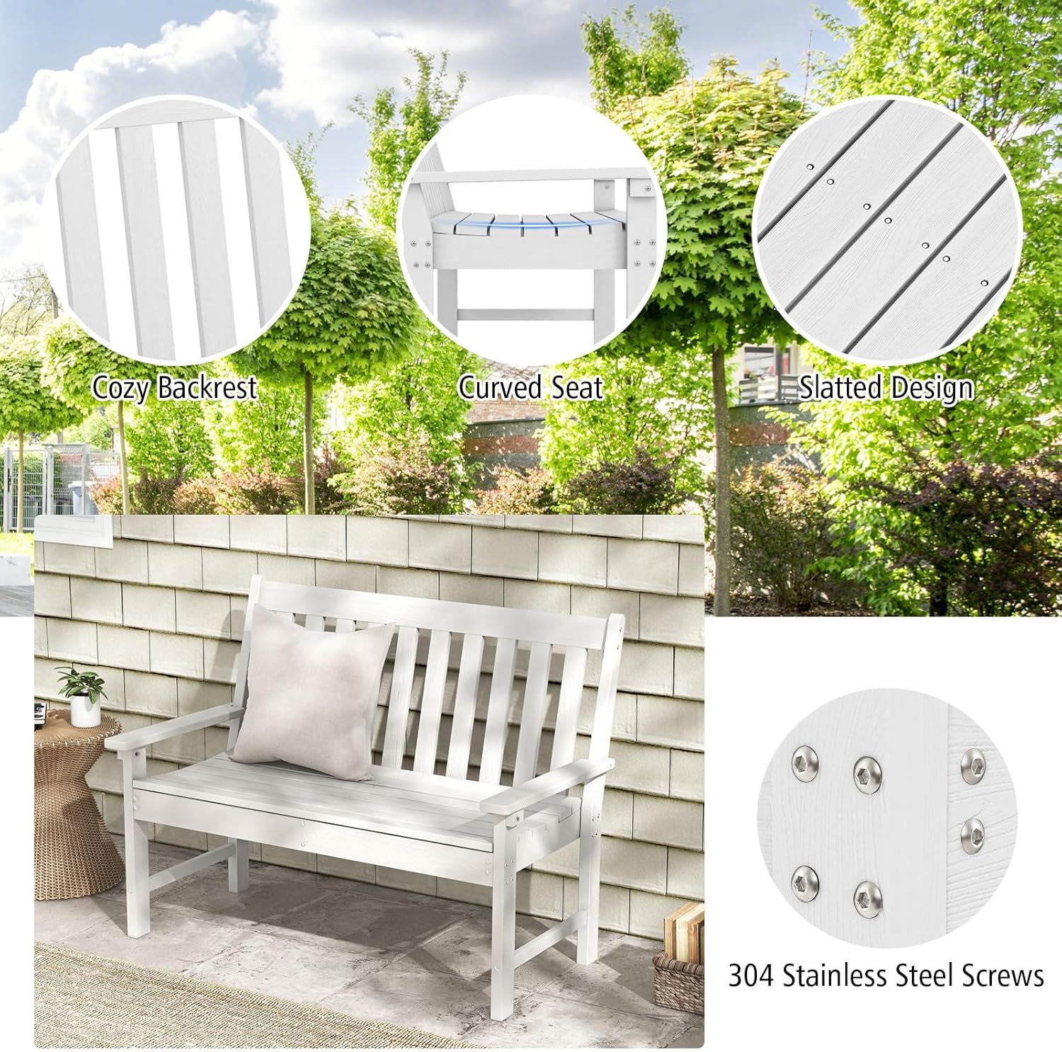 Giantex Outdoor Bench, 52-Inch Outside Bench All-Weather HDPE Park Bench with Backrest and Armrests, 705 lbs Weight Capacity, 2-Person Slatted Patio Bench for Porch, Yard, Lawn, Garden Bench (White)