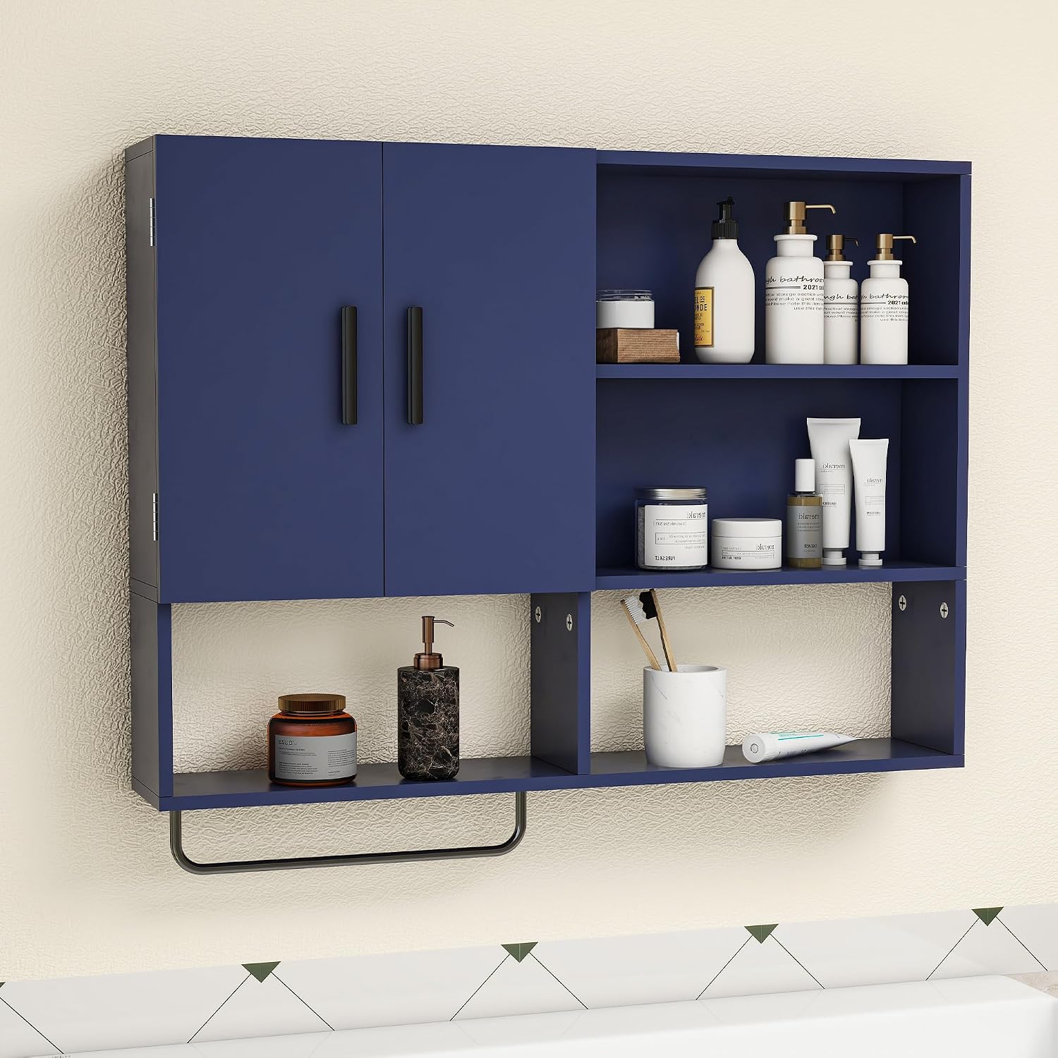 Wall Mounted Bathroom Storage Cabinet Medicine Cabinet, Espresso | Over The Toilet Organizer with Doors, Handles, Towel Rack, Adjustable Shelves for Entryway, Living Room, Kitchen