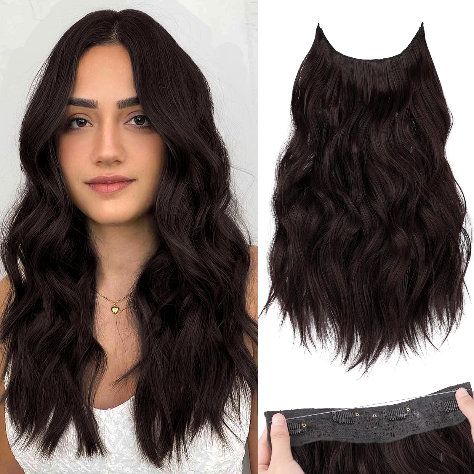 KooKaStyle Invisible Wire Hair Extensions with Transparent Headband Adjustable Size 4 Secure Clips Long Wavy Hairpiece 16 Inch Reddish Chocolate Brown