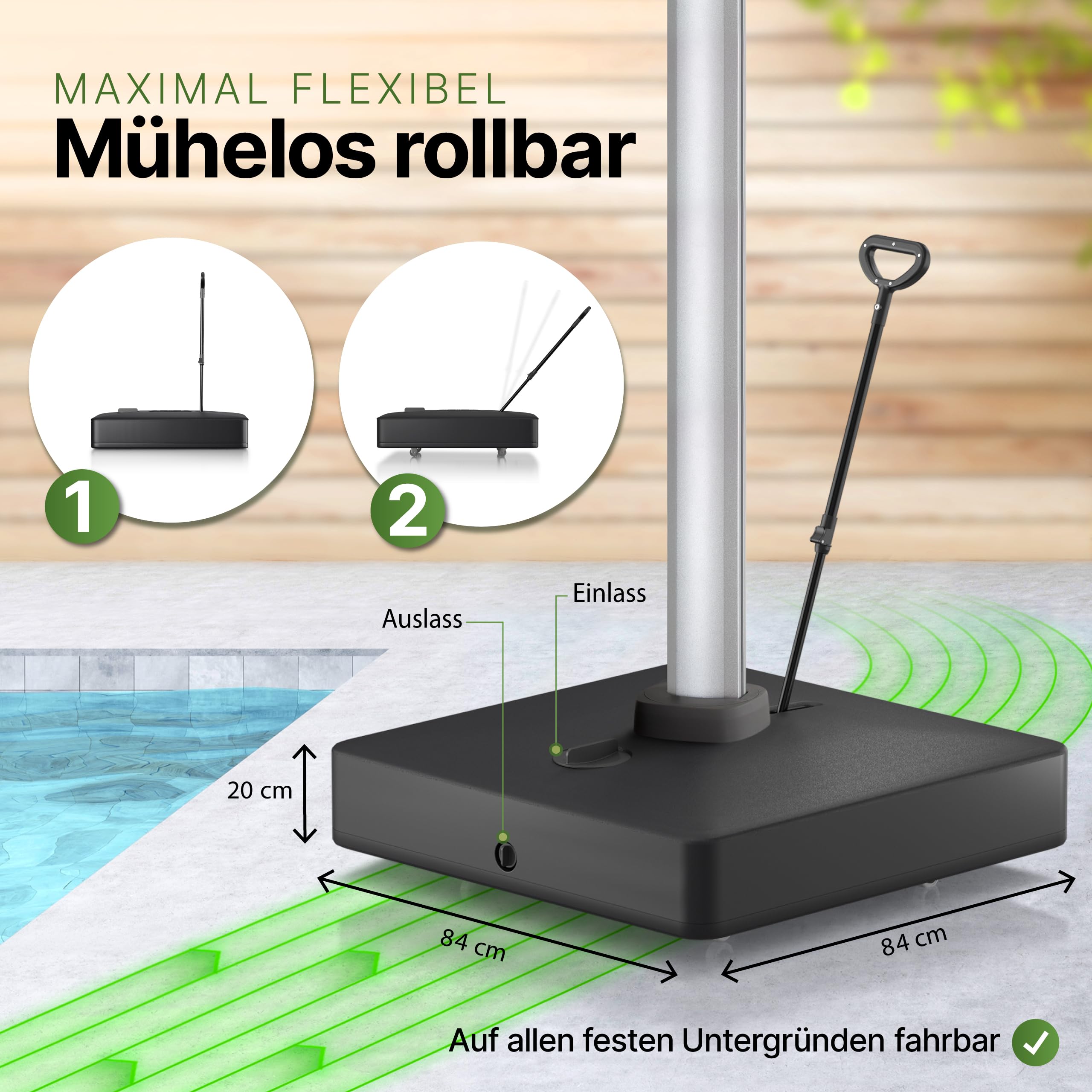 Gartenzeit® Sonnenschirmständer, befüllbar, rollbar, 162kg, Maße 84x84x21cm, Patent, Sonnenschirmständer mit Rollen für große Ampelschirme u. Sonnenschirme, fahrbar, mobil