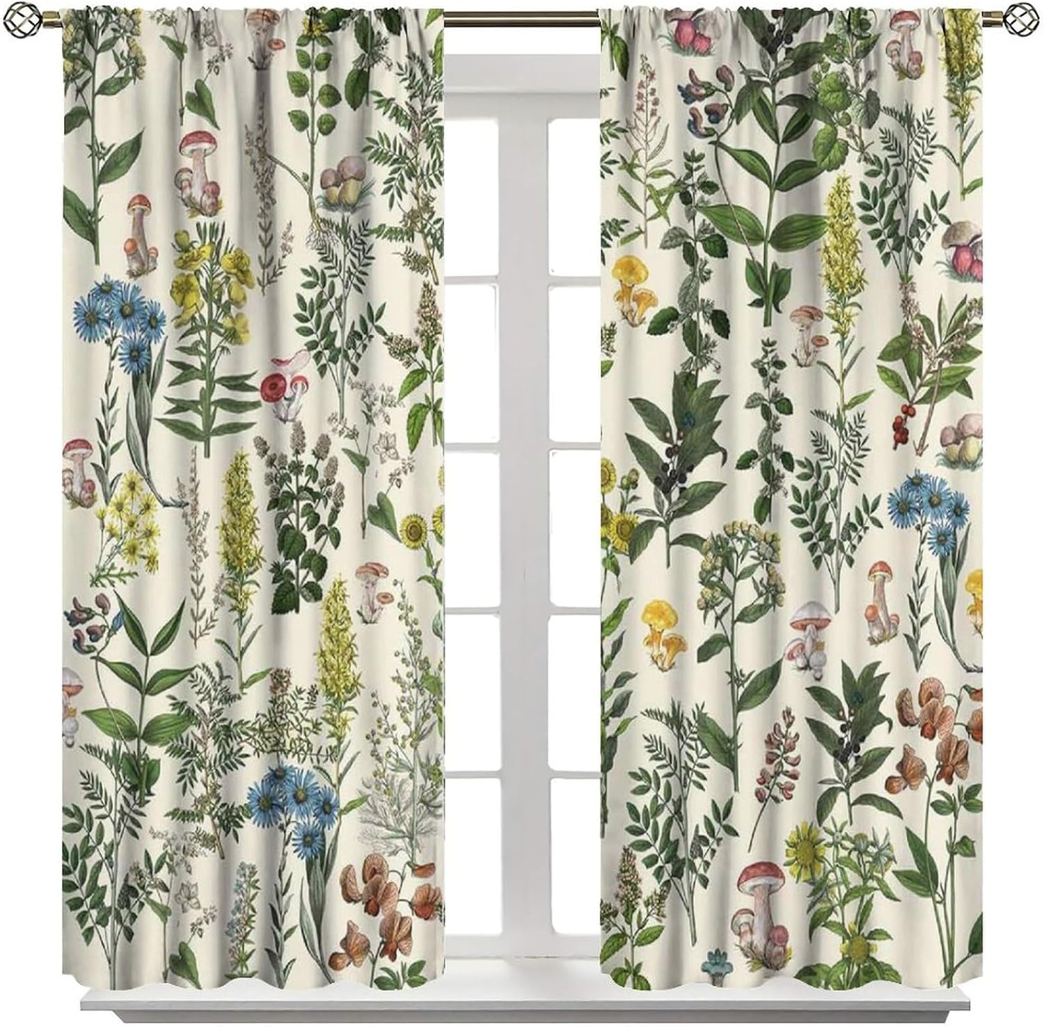 Vintage Botanical Curtains,Herbs Mushroom Green Leaf Ferns Plants Boho Retro Wildflower Country Rustic Farmhouse Window Treatment for Kitchen Living Room Bedroom,42x45 Inch Decor
