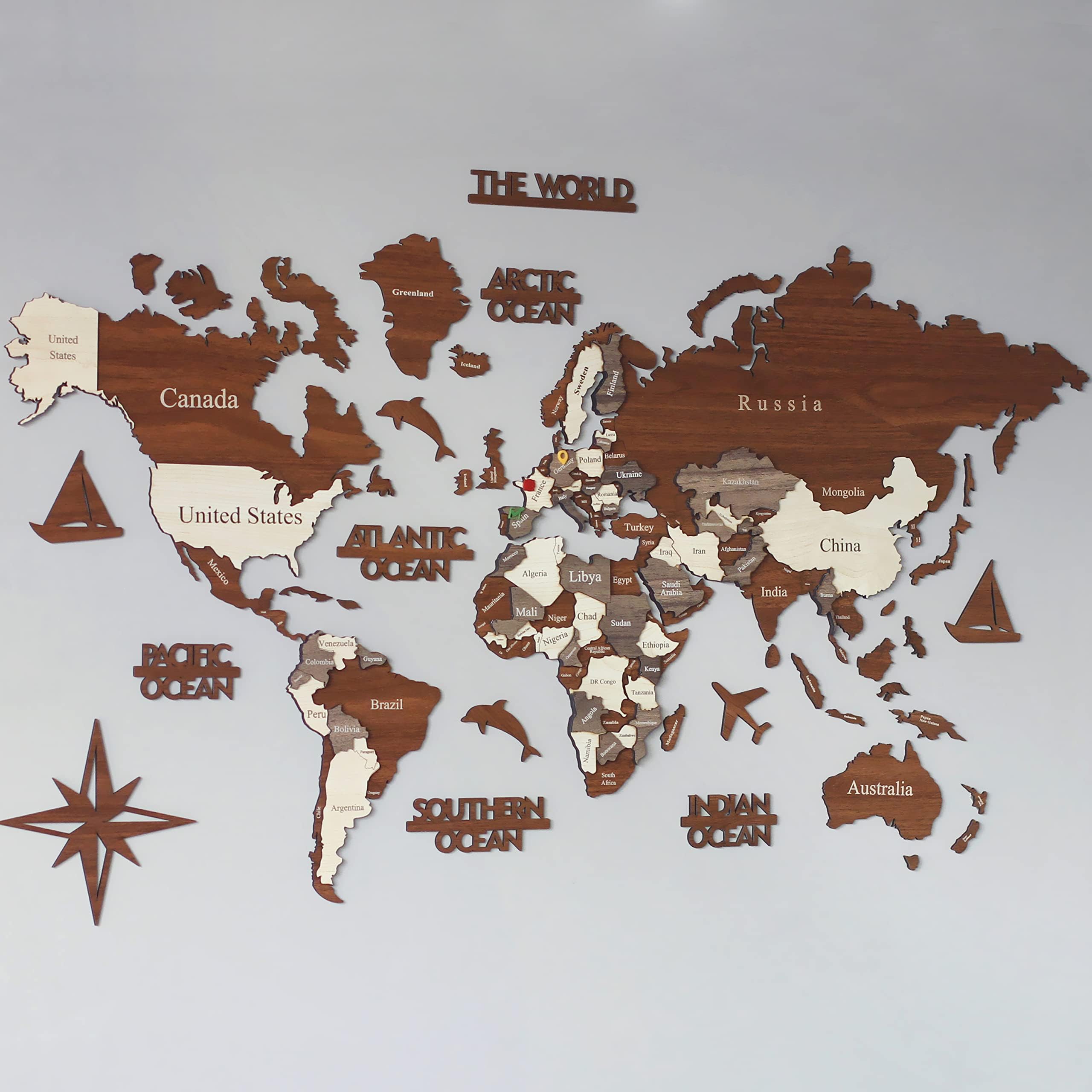 3D Wooden World Map, Wood Wall Map, Housewarming Gift, World Map, Wall Art Decor, Wooden Travel Map, Birthday Gift (L Standard - 59x35 inches)