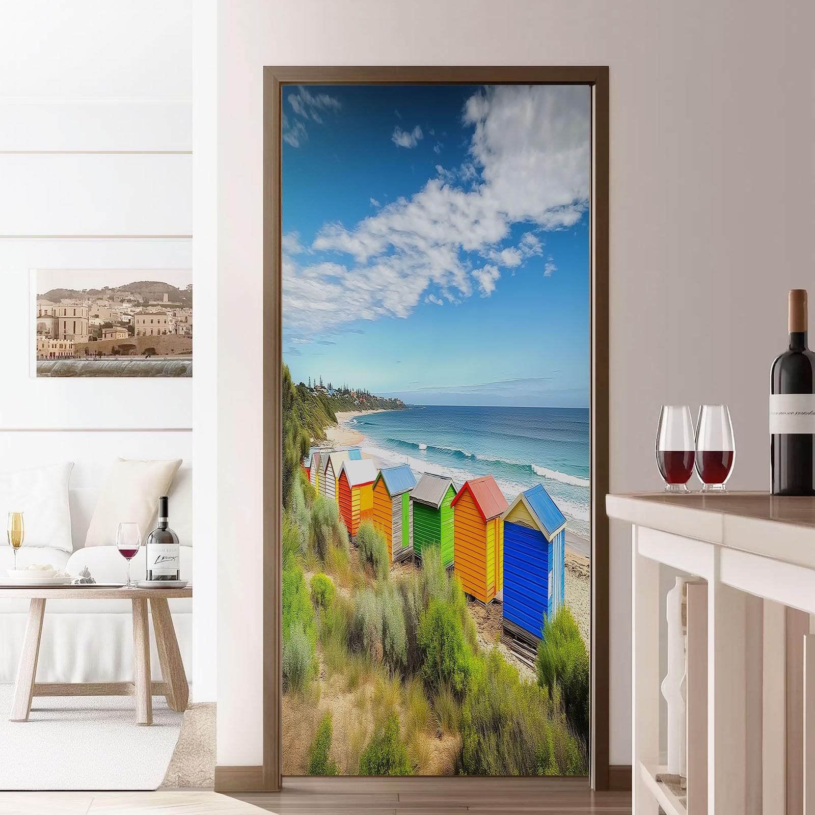Naklejka na drzwi 3D, samoprzylepna, PCW, 90 x 200 cm, zdejmowana farba, wodoszczelna, do sypialni, kuchni, łazienki, biura, dekoracja na drzwi - nadmorska chatka, plaża, roślina, naklejka na drzwi