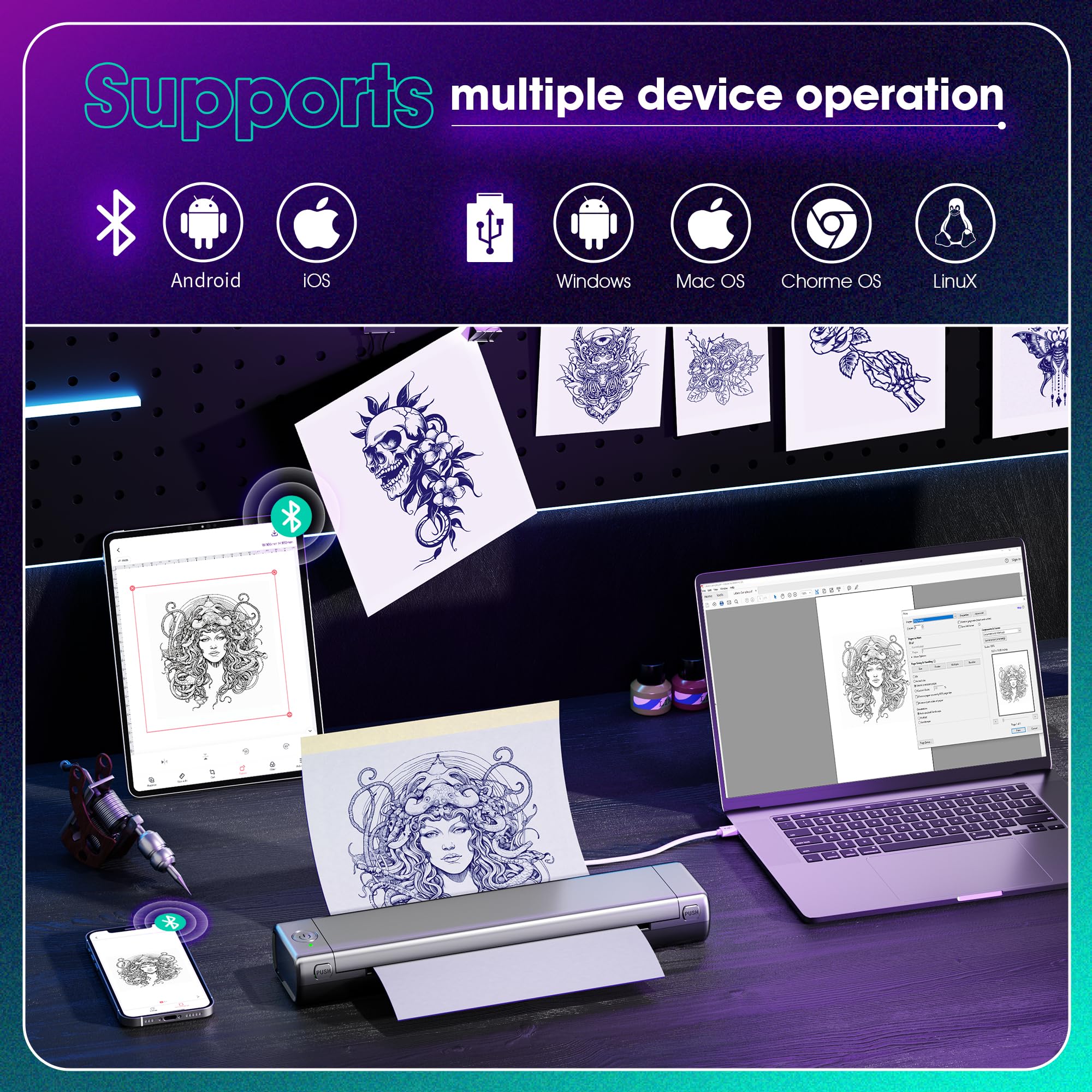 Tattoo Drucker Stencil Drucker mit 10 Blatt Stencil Papier für Tattoo Maschine Set, Thermodrucker Tattoo Kompatibel mit IPad & Telefon & PC für Tattoo Künstler und Anfänger DIY Tattoos, Grau